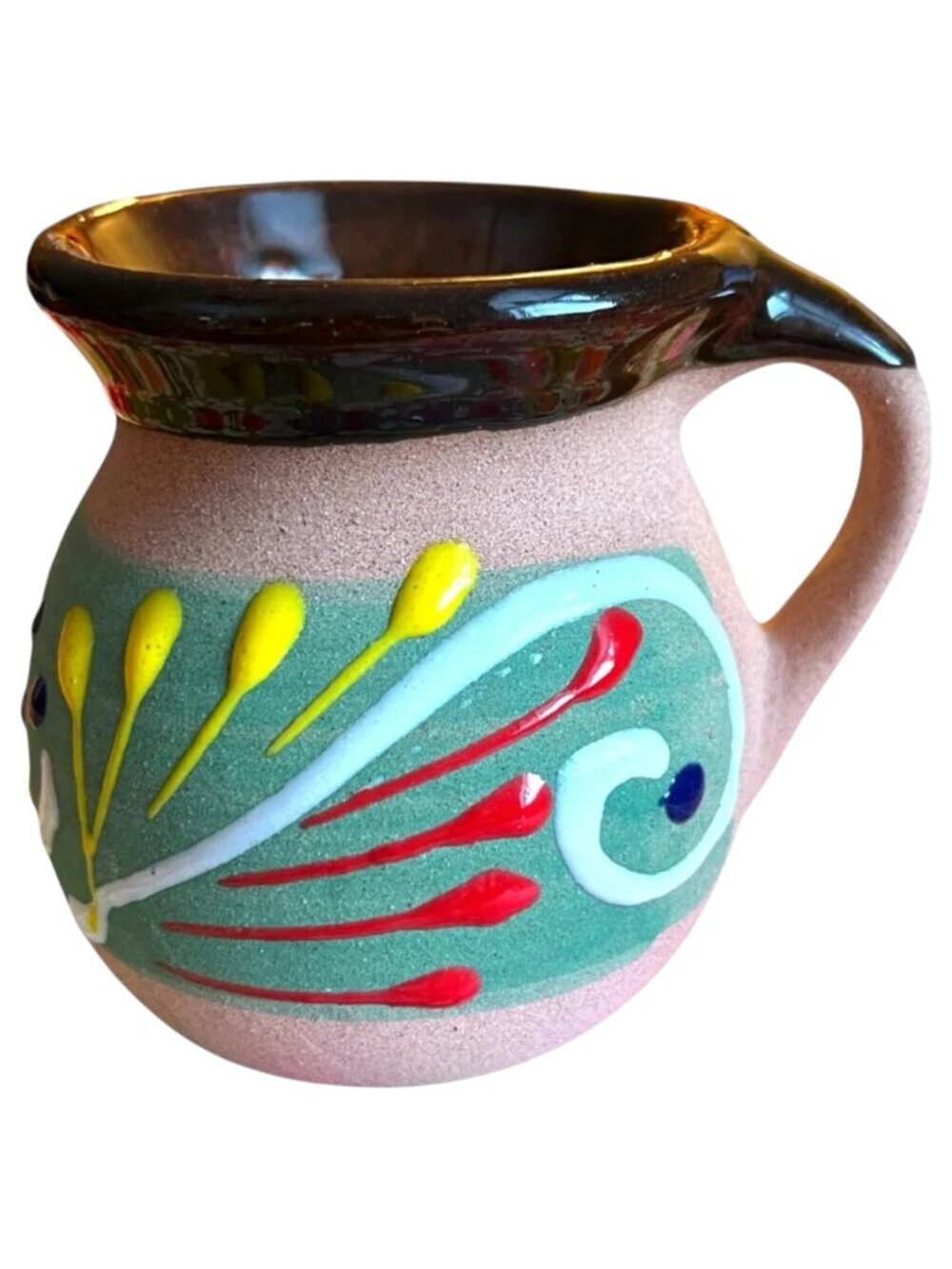 Collectible Mexican Clay Coffee Mug Hand-Painted Folk Art Floral Jarrito Pottery
